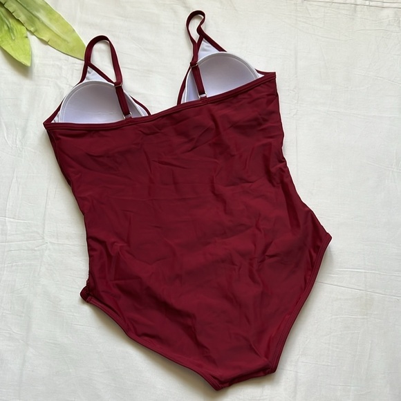 Halter Plunging V Neck Bathing Suit Hollow Out Side Edge Red Wine Swimwear - Picture 8 of 9